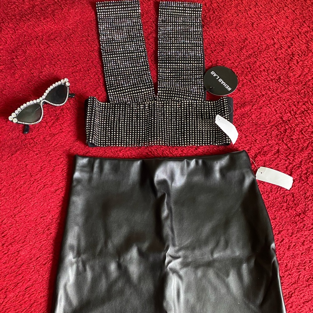 Bling Crop Top, Leather Skirt